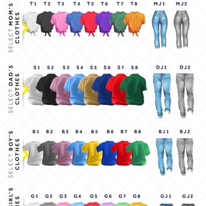 May include: A chart with different clothing options for a family. The chart includes shirts in various colors, jeans, and skirts. The chart also includes a color palette with the options of brown, tan, and pale.