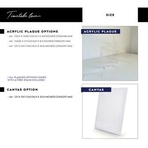 May include: A white acrylic plaque with a clear stand. The plaque is available in three sizes: A6 (10.5 x 14.85 cm), A5 (14.85 x 21 cm), and A4 (21 x 29.7 cm). A white canvas with a white stand is also available in A4 size (21 x 29.7 cm).