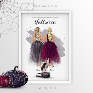 Może przedstawiać: Druk w stylu Halloween przedstawiający dwie kobiety w czarnych i bordowych sukienkach z tekstem "When we're together every night is Halloween". Pod kobietami widnieją imiona "Mary" i "Alice", a na dole nadruku znajduje się tekst "TIMETOBE.LOVE".