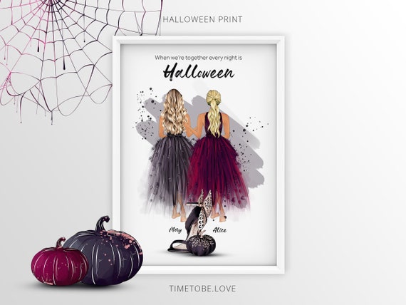 Halloween decor, personalized gifts, halloween friends gift, Halloween Gift for two Best Friend, Halloween gift,witch portrait, gift for her