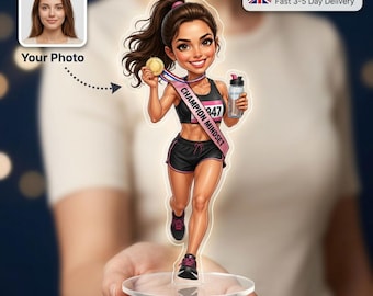 Personalised Female Runner Caricature Acrylic Standee - Champion Mindset Gold Medal Design - Custom from Your Photo - UV Printed - UK Made