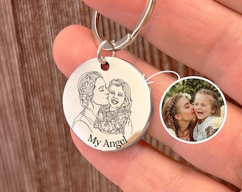 Custom Photo Line Art Keychain, Personalized Mum Gift from Daughter Son, Engraved Mother's Day Present, Memorial Keyring Keepsake