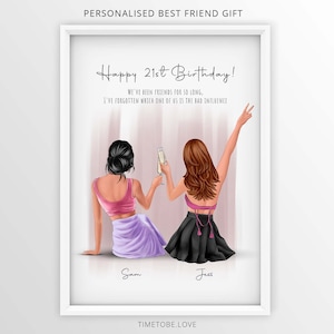 May include: A personalised birthday card featuring an illustration of two women toasting with champagne glasses. The card has the text "Happy 21st Birthday!" and "We've been friends for so long, I've forgotten which one of us is the bad influence." The names "Sam" and "Jess" are written below the women.