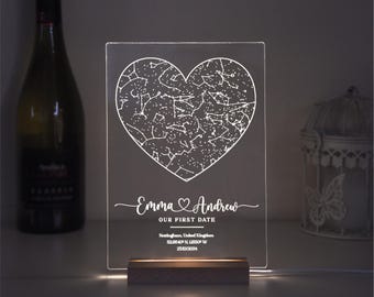 Lámpara de noche con mapa estelar personalizado por fecha, regalo de aniversario, mapa de constelaciones personalizado, cielo nocturno por fecha, regalo para él/ella, pareja o compromiso