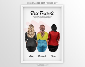 May include: A personalized best friends gift print featuring three women standing back to back. The print has a pink watercolor background and the text "Best Friends" with a quote about friendship. The names "Alex", "Hannah", and "Sam" are written below the women.