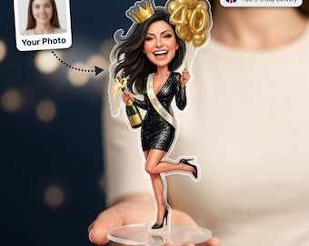 Birthday Gift Her | Party Girl Caricature Standee & Cake Topper | Hen Party Gift | Personalised from Photo, 30th 40th 50th, any age, UK Made