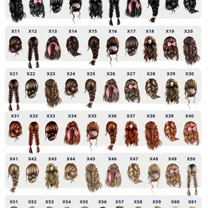 May include: A chart displaying 61 various hairstyles for women. The hairstyles are numbered from X1 to X61. The hairstyles include a range of styles, such as braids, buns, and ponytails.
