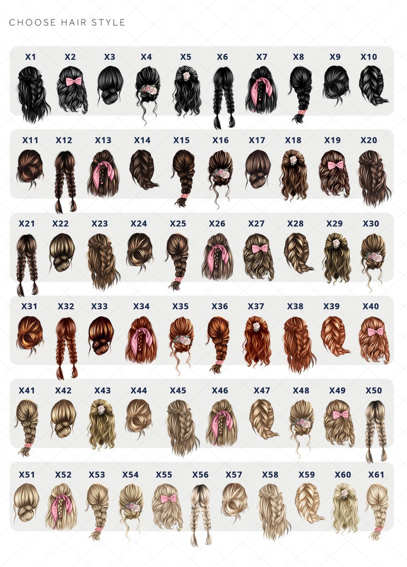 May include: A chart displaying 61 various hairstyles for women. The hairstyles are numbered from X1 to X61. The hairstyles include a range of styles, such as braids, buns, and ponytails.