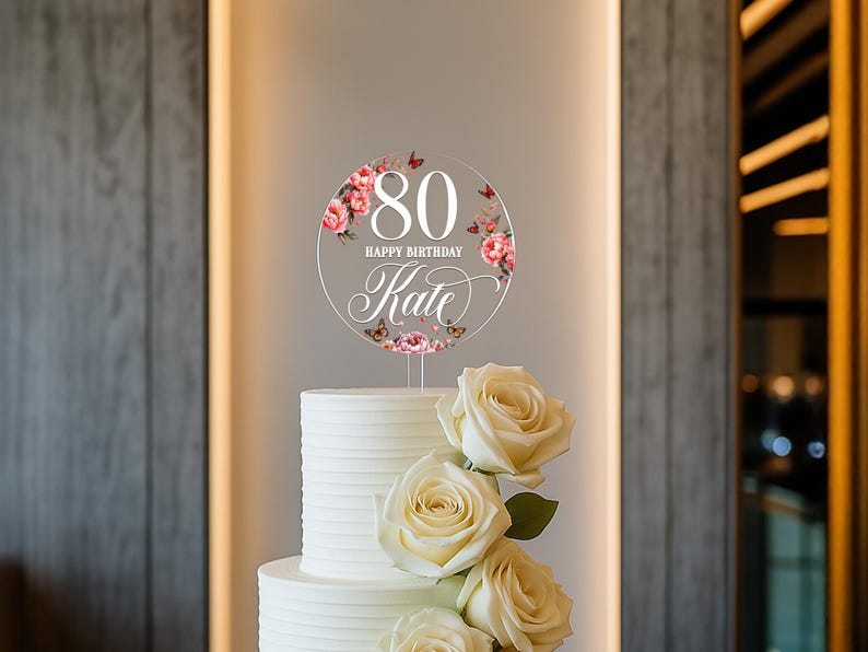 UV printed birthday cake decoration on acrylic with flower and butterfly design
