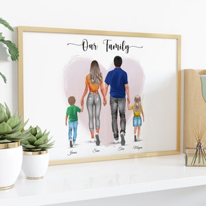 May include: A personalized family portrait illustration with a pink heart background. The illustration shows a family of four walking away from the viewer. The text "Our Family" is written at the top of the illustration. The names of the family members are written below the illustration.