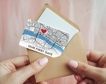 Our First Date Metal wallet card with map, Where We First Met map,Valentine's day gift for boyfriend, anniversary gifts, Gifts for boyfriend