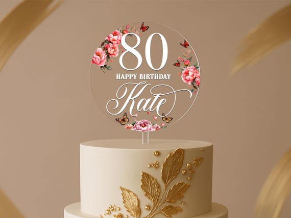 80th Birthday Floral Cake Topper, Personalised Clear Acrylic Round with Name & Age, Elegant Milestone Cake Decoration for 70th, 90th,Any Age