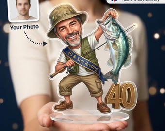Personalised Fishing Birthday Caricature Standee & Cake Topper, Personalised from Photo, Any Age, Fisherman Gift, Birthday Gift Him, UK Made
