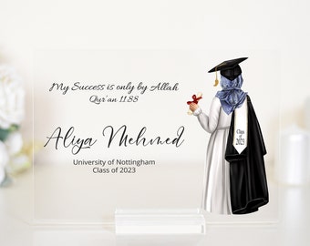 May include: A graduation announcement with a black and white illustration of a woman wearing a graduation cap and gown. The text reads "My Success is only by Allah Qur'an 11.88 Aliya Mehined University of Nottingham Class of 2023".