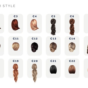 May include: A chart displaying 23 different hairstyles for women. The styles include long, short, curly, straight, and updos. The hair colours include black, brown, blonde, and red.