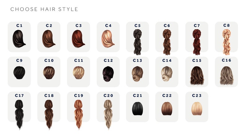 May include: A chart displaying 23 different hairstyles for women. The styles include long, short, curly, straight, and updos. The hair colours include black, brown, blonde, and red.