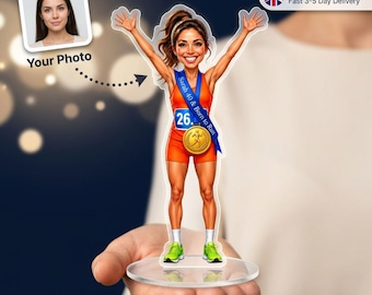 Personalised Marathon Runner Caricature Standee from Photo, Running Birthday Gift for Her, Any Age 30th 40th 50th 60th, made in the UK