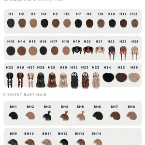 May include: A chart with 36 different hair style options for kids and 14 options for babies. The chart is labeled "Choose Kid's Hair Style" and "Choose Baby Hair".