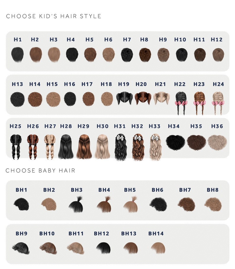 May include: A chart with 36 different hair style options for kids and 14 options for babies. The chart is labeled "Choose Kid's Hair Style" and "Choose Baby Hair".
