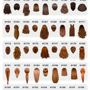May include: A chart of 202 different hairstyles for women. The hairstyles are numbered from H145 to H202. The hairstyles are all brown and are shown from the back.