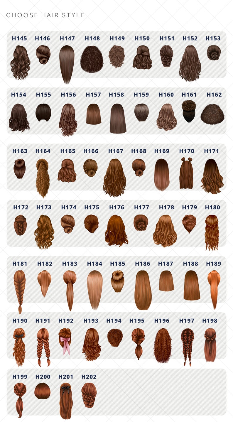 May include: A chart of 202 different hairstyles for women. The hairstyles are numbered from H145 to H202. The hairstyles are all brown and are shown from the back.