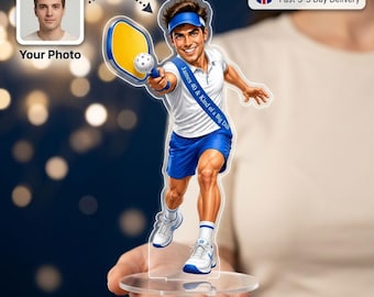 Pickleball Gift for Him, Custom Caricature Photo Standee, Personalized Acrylic Birthday Cake Topper with Name Age, 30th 40th 50th 60th,