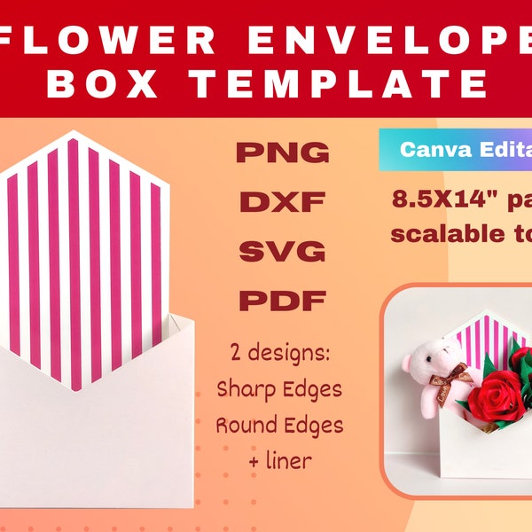 Envelope Flower Box Template, Box template, Canva Editable Template, Envelope template, flower box template, gift box, svg, dxf