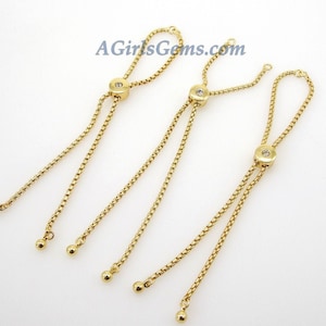 Adjustable Half Finish Bracelet, 4 Pcs Bolo Box Chain Bracelets with *CZ Two Hole* Slider Bead, 18 K Gold Plated Slider Bead Bulk/Crystals