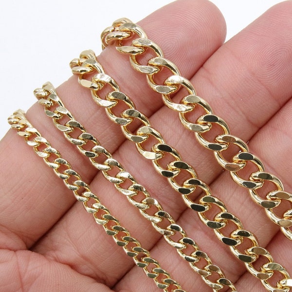Gold Cuban Curb Chain, Gold Stainless Steel Heavy Chain CH #241, Flat Miami Diamond Cut, Plated Oval Jewelry Chains, By the Yard