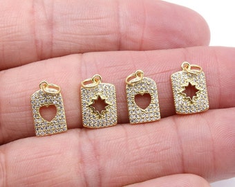 CZ Pave Gold Heart Charms, Rectangle Starburst Charms #753, Mini Square Star Charms for Bracelets, Huggie Charms or Necklaces