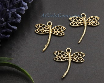 Dragonfly Charm,  4 pcs* Brushed Gold Charms for Flat Ring Hoop Earrings, Bracelet/Necklace Nature Insect Animal Charms, Jewelry Finding