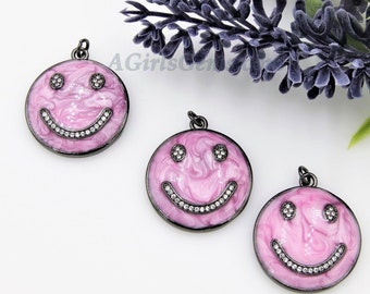 CZ Micro Pave Black Rhodium Plated Face Charms Pink Emoji Charms Enamel Pendant *Lucky Love* Emoji Necklace Happy Smiley Face Charms