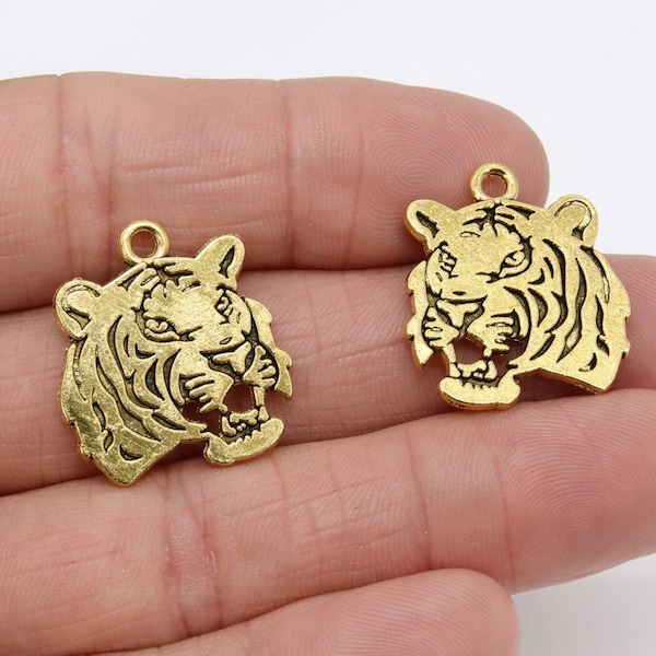 Gold Tiger Head Charm, Reversible Gold Plated Striped Tiger Head #3141, LSU Animal Head Beads Charms