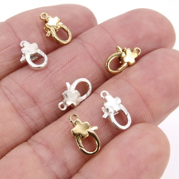 925 Sterling Silver Cross Lobster Clasp, 12 mm Gold Spring Clip #2289, Stamped 925 Religious Clasp, Jewelry Clasps Findings