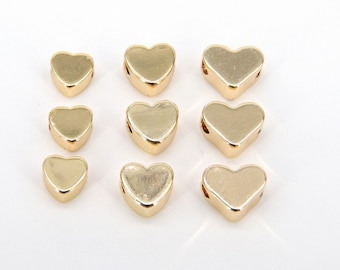 Gold Heart Bead, 5 Pc Genuine 18 K Gold Heart Shape Plated Beads with Hole #611, Side to Side 2 mm Holes, 4 mm 5 mm 7 mm or