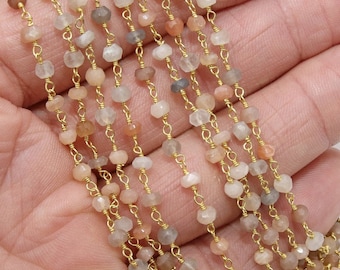 Multi Moonstone Rosary Chain, Unfinished 4 mm Beaded Beige CH #529, Gray Ivory Gold Wire Wrapped Chains, White Rondelle Beads, by the Foot