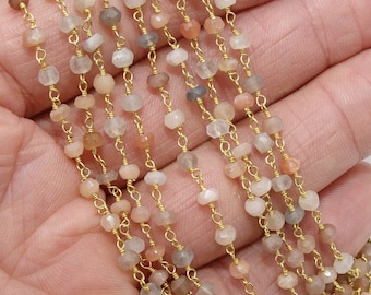 Multi Moonstone  Chain, Unfinished 4 mm Beaded Beige CH #529, Gray Ivory Gold Wire Wrapped Chains, White Rondelle Beads, by the Foot