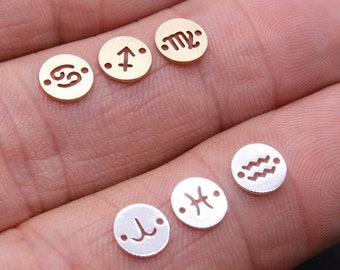14 K Gold gefüllte Horoskop Verbinder, 6 mm 925 Sterling Silber Sternzeichen Geburtstag #3505, rundes astrologisches Symbol, zwei Loch Links