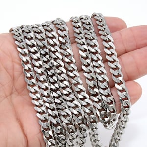 Silver Flat Curb Chain, 10.5 mm Stainless Steel Large Heavy CH #210, 304 Fancy Cuban Diamond Cut Oval Unfinished Chains