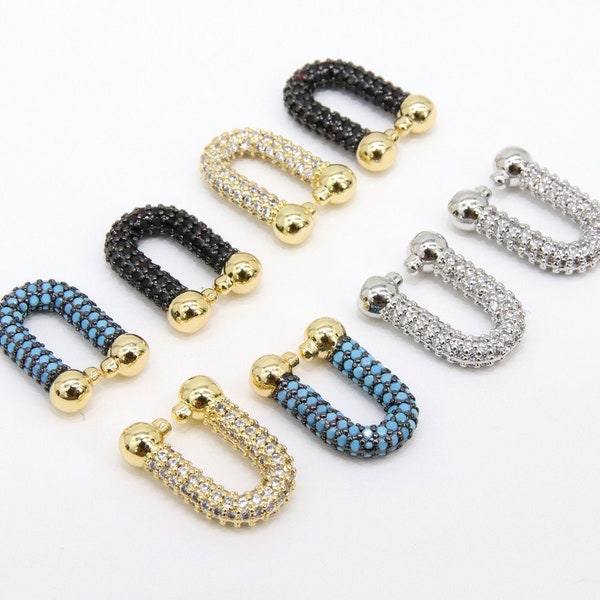 Gold Horseshoe Link Clip, CZ Pave Beaded End Clasp for Chain Links #282, U Shape Shackle Horseshoe Connectors, Paper Clip Chunky Chain