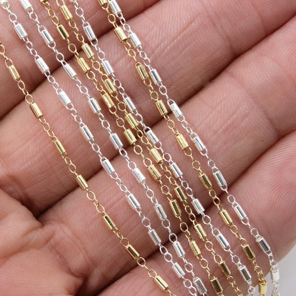 14 K Gold Filled Tube Bar Chain, Unfinished 925 Sterling Silver Sequin Long Tube Chains CH #825, 3.0 x 1.6 mm Boho Jewelry