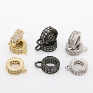 Gold Pave CZ Charm Connector Rings, Silver 2 Row CZS Big Hole Rings #69, Black or Rose Gold Large Hole Circle Beads