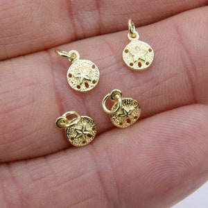 Genuine Gold Sand Dollar Charms, Tiny Beach Jewelry #2414, 6 x 8 mm Gold Plated 925 Sterling Silver Starfish Nautical Ocean Dangles