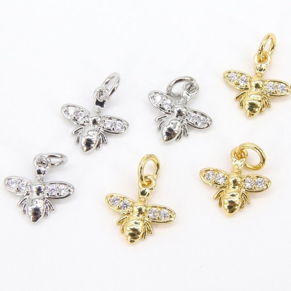 CZ Pave Gold Bee Charms, Tiny 9 mm Bumble Bee Charms #551, Small Silver Honey Bee, for Bracelets or Necklaces