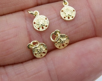 Genuine Gold Sand Dollar Charms, Tiny Beach Jewelry #2414, 6 x 8 mm Gold Plated 925 Sterling Silver Starfish Nautical Ocean Dangles