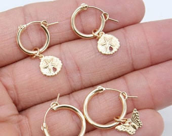 Gold Sand Dollar Hoop Earrings, 14 K Genuine Gold Filled Thick Hoop Dangle Beach Earrings #2136, 5 Sizes, Nautical Gifts for Her