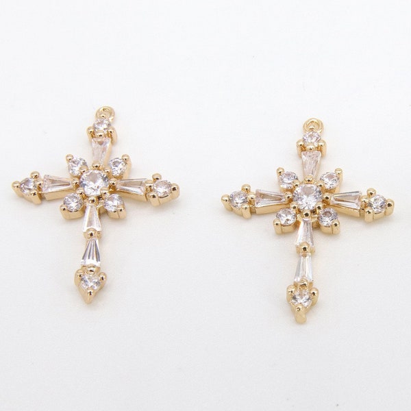 Gold Cubic Zirconia Cross, CZ Pave Cross for Necklaces #488, 17 x 23 mm Crucifix for Religious Rosary Jewelry