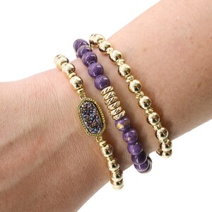 LSU Beaded Gold Druzy Stretchy Beaded Stack Bracelets