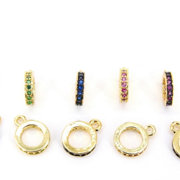 Gold CZ Charm Holder Slider Rings, Round Spacer Big Hole Circle #220, 4 mm Large Hole Black Green Pink Blue Cubic Zirconia
