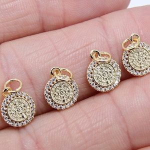 Tiny St. Benito Charms, CZ Pave 9 mm Cross St. Benedict Charm #2834, Gold Plated Round Medallion Medals, Cross Charms